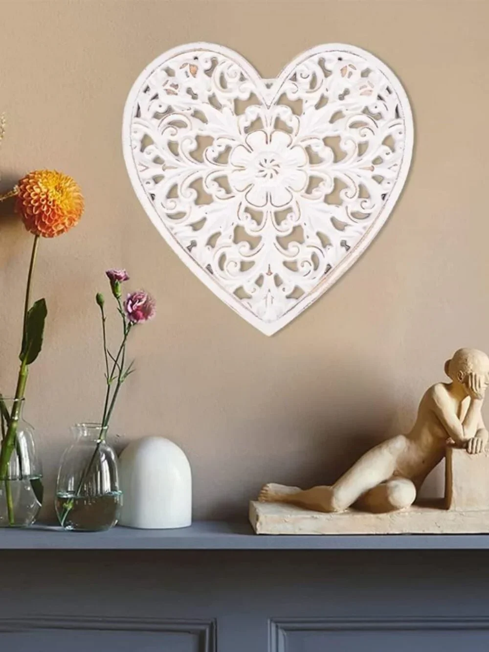Rustic Floral Carved Wall Art Panel - Heart Shape Hanging Decor for Home